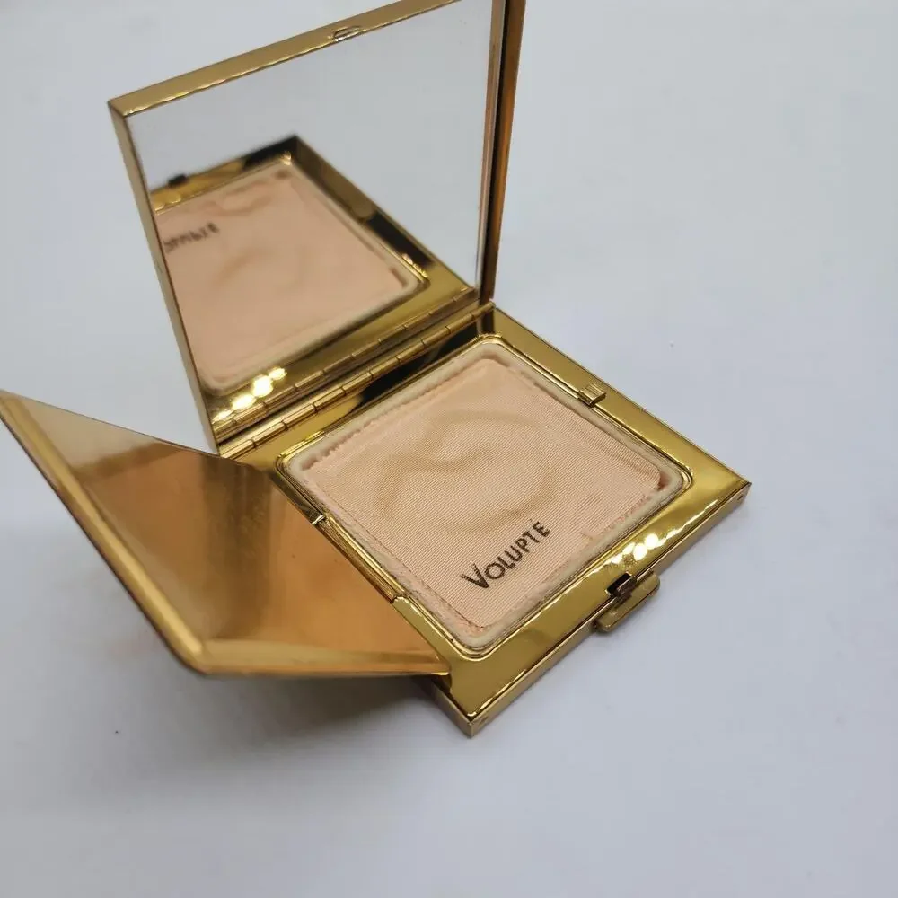Vintage Volupte Rhinestone Flower Powder Compact Gold Tone Sunburst Mirror